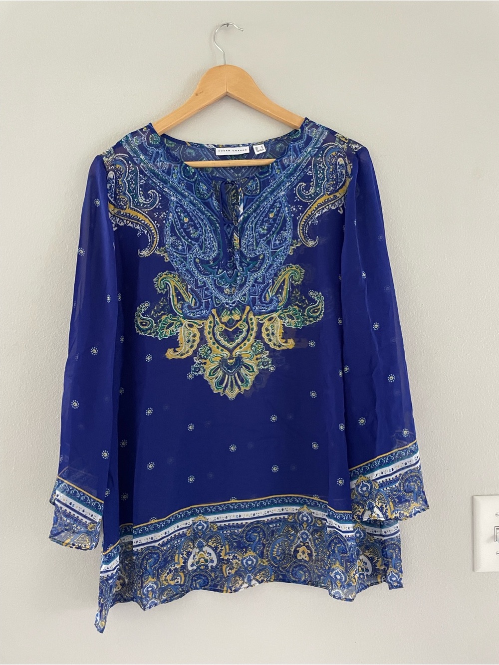 Susan Graver Royal Blue White and Yellow Sheer Paisley Blouse